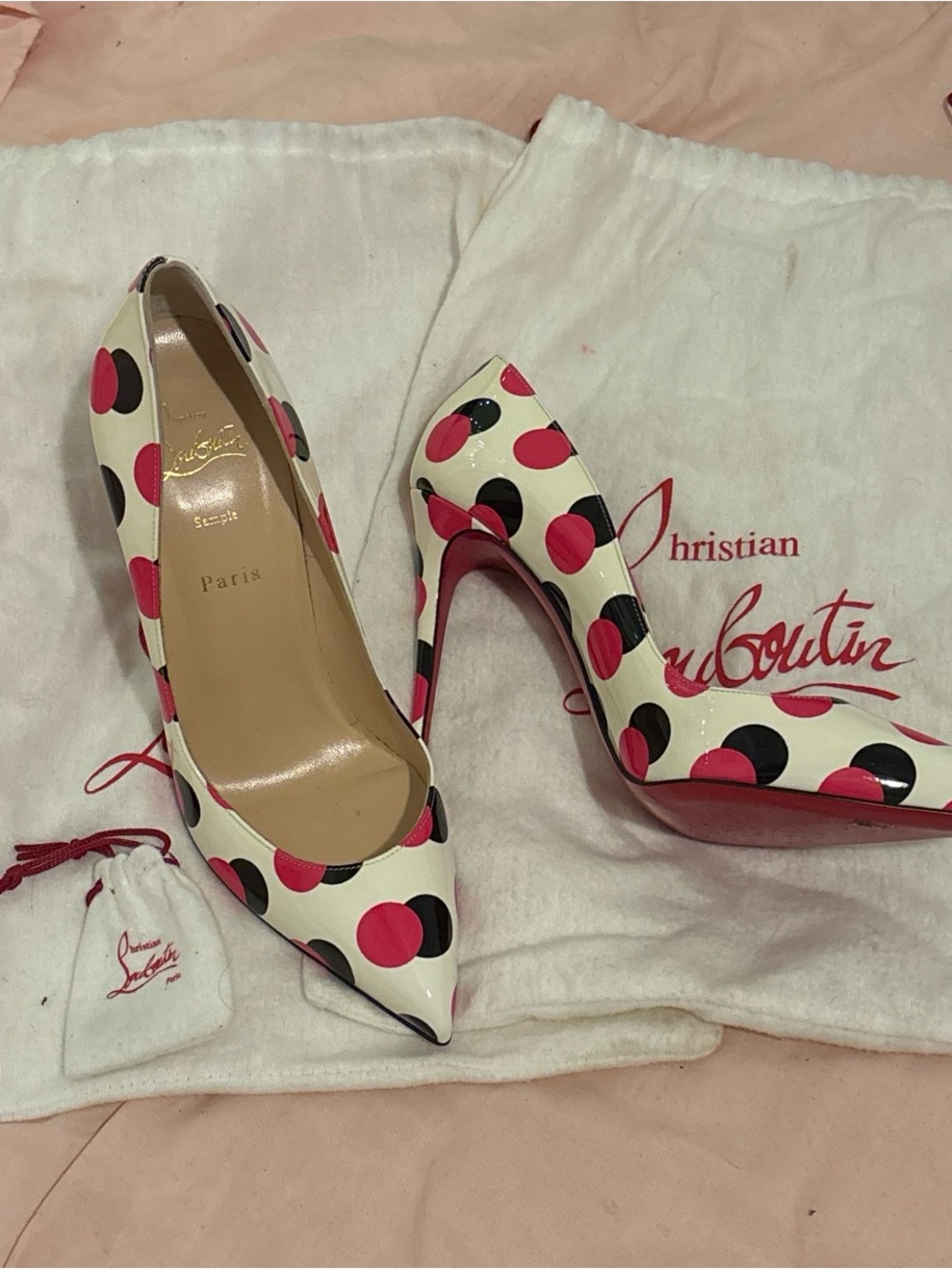 Christian Louboutin White Patent Leather Polka Dot Pumps with Pink & Black Dots